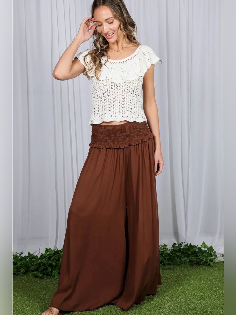 Boho Smocked with Ruffle Wide Leg Pants | SM150 - Picture 9 of 9